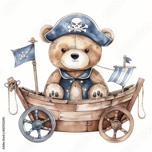 Watercolor illustration of an adorable pirate bear with a toy ship. Ideal for baby showers and kid posters. photo