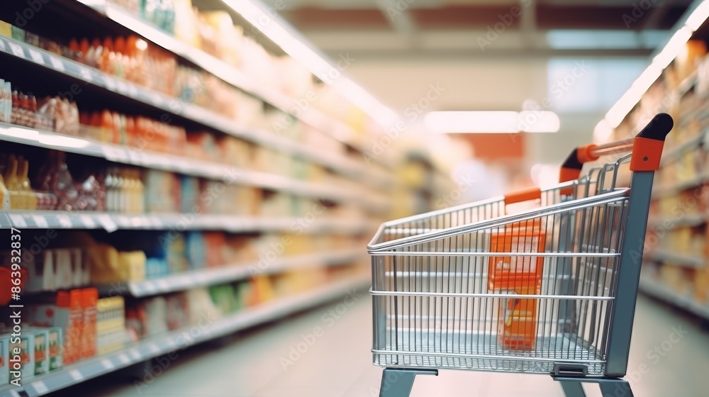 Supermarket aisle with shopping cart, shelves blurred in the background for shopping concept Supermarket aisle with shopping cart, shelves blurred in the background for shopping concept