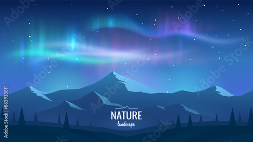 Aurora borealis in the sky. A bright glow over the mountains. Nocturne. Realistic Northern Lights landscape. Vector illustration.