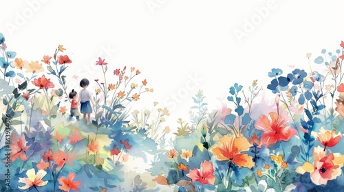 The cheerful company travels along a path among flowers. Children's illustration. Watercolor background. Horizontal border. Seamless pattern.