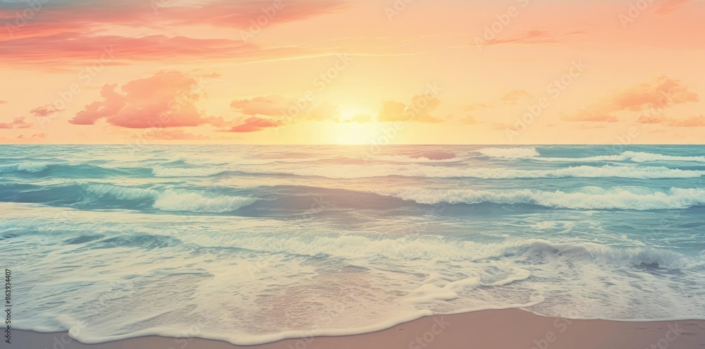 Seascape Illustration with Waves, Sunset, and Sandy Beach Seascape Illustration with Waves, Sunset, and Sandy Beach