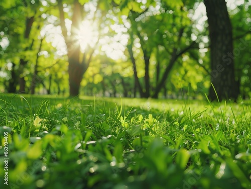 A sunny day in a park with sunlight shining through the trees