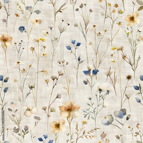 Cute seamless pattern with wildflowers. Watercolor background for fabric, textile, or nursery wallpaper.