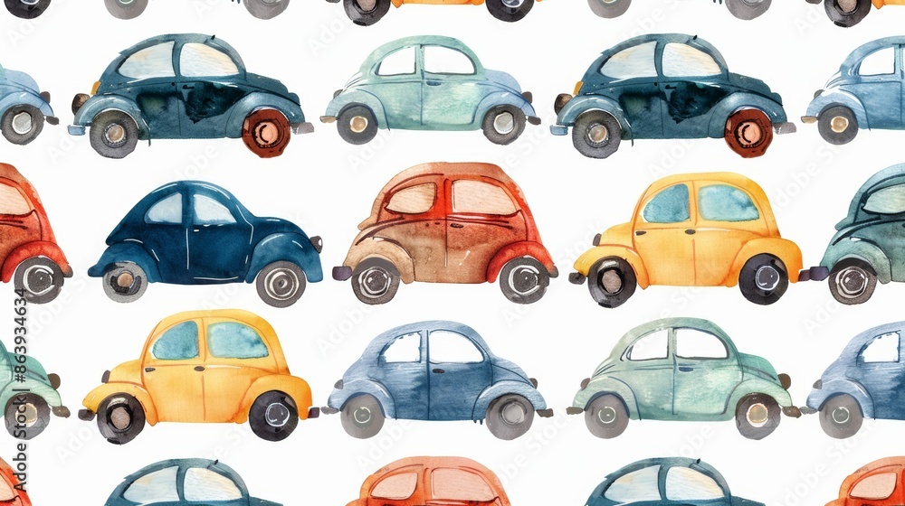 Wallpaper for boy with retro toy cars in watercolors. Vintage style. Isolated on white. Wallpaper for boy with retro toy cars in watercolors. Vintage style. Isolated on white.