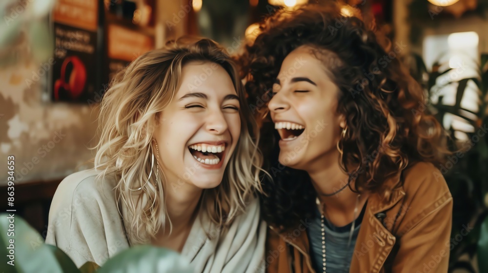 Two women are laughing together in a cafe. Two women are laughing together in a cafe.
