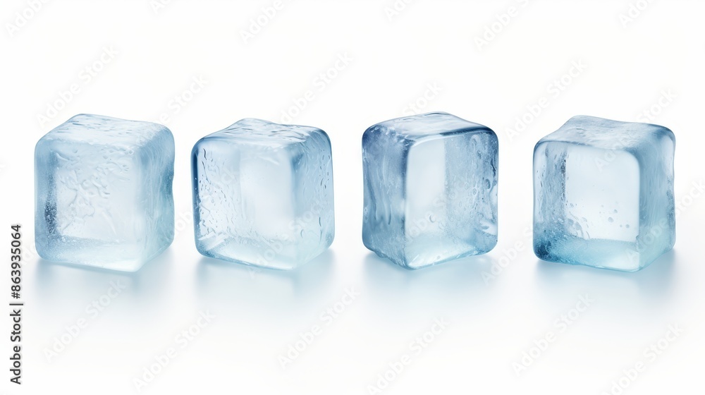 Assortment of ice cubes neatly arranged on a plain white background for optimal presentation Assortment of ice cubes neatly arranged on a plain white background for optimal presentation