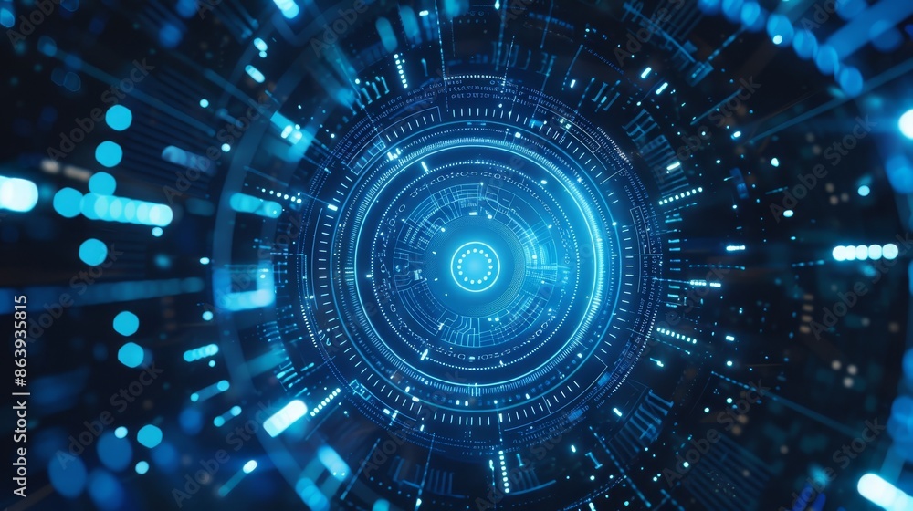 Programming functions inside computer. Blue world. Following lights. 3D statistical display in middle. Data and information in stocks circling. Programming functions inside computer. Blue world. Following lights. 3D statistical display in middle. Data and information in stocks circling.