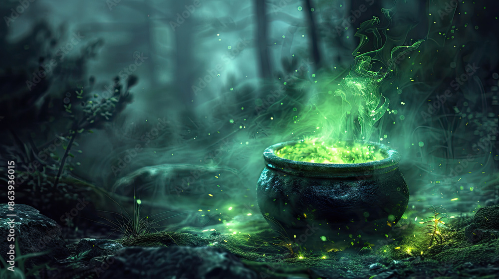 Glowing green magic potion in a dark fantasy forest Glowing green magic potion in a dark fantasy forest