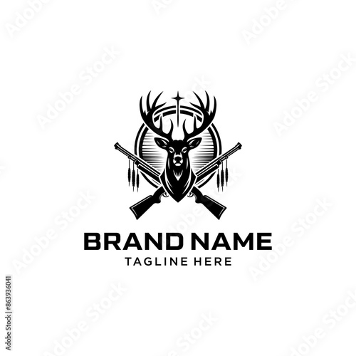 Stag Logo Design with Crossed Rifle and Arrows. Suitable for Hunting and Outdoor Activities Logos.