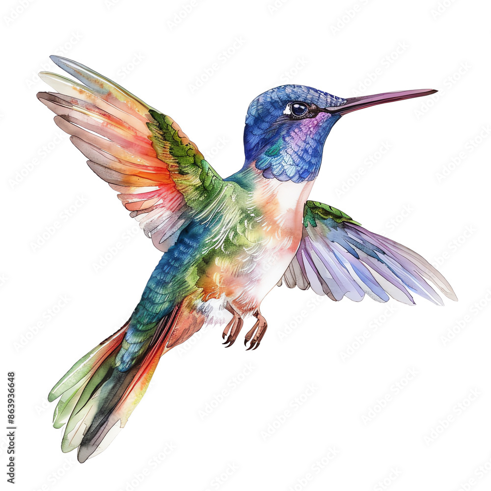 Obraz premium A vibrant, colorful watercolor painting of a hummingbird in mid-flight, showcasing delicate feathers and intricate details against a white background.