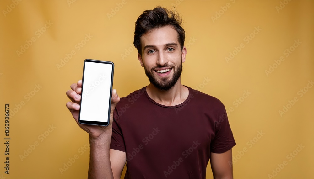 A smiling young man with a beard holds up a smartphone with a blank screen against a yellow background, highlighting modern technology A smiling young man with a beard holds up a smartphone with a blank screen against a yellow background, highlighting modern technology