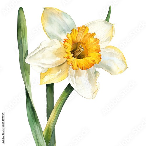 Close-up illustration of a beautiful daffodil flower with green leaves, hand-painted in watercolor for use in designs and creative projects.