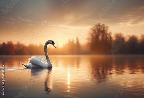 there is a swan that is floating in the water at sunset. photo