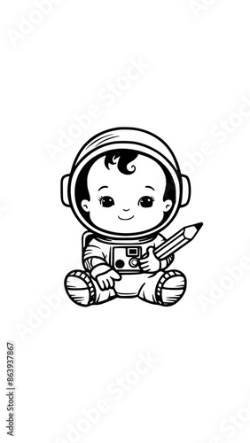 cute baby astronaut holding pencil cartoon Generative AI 