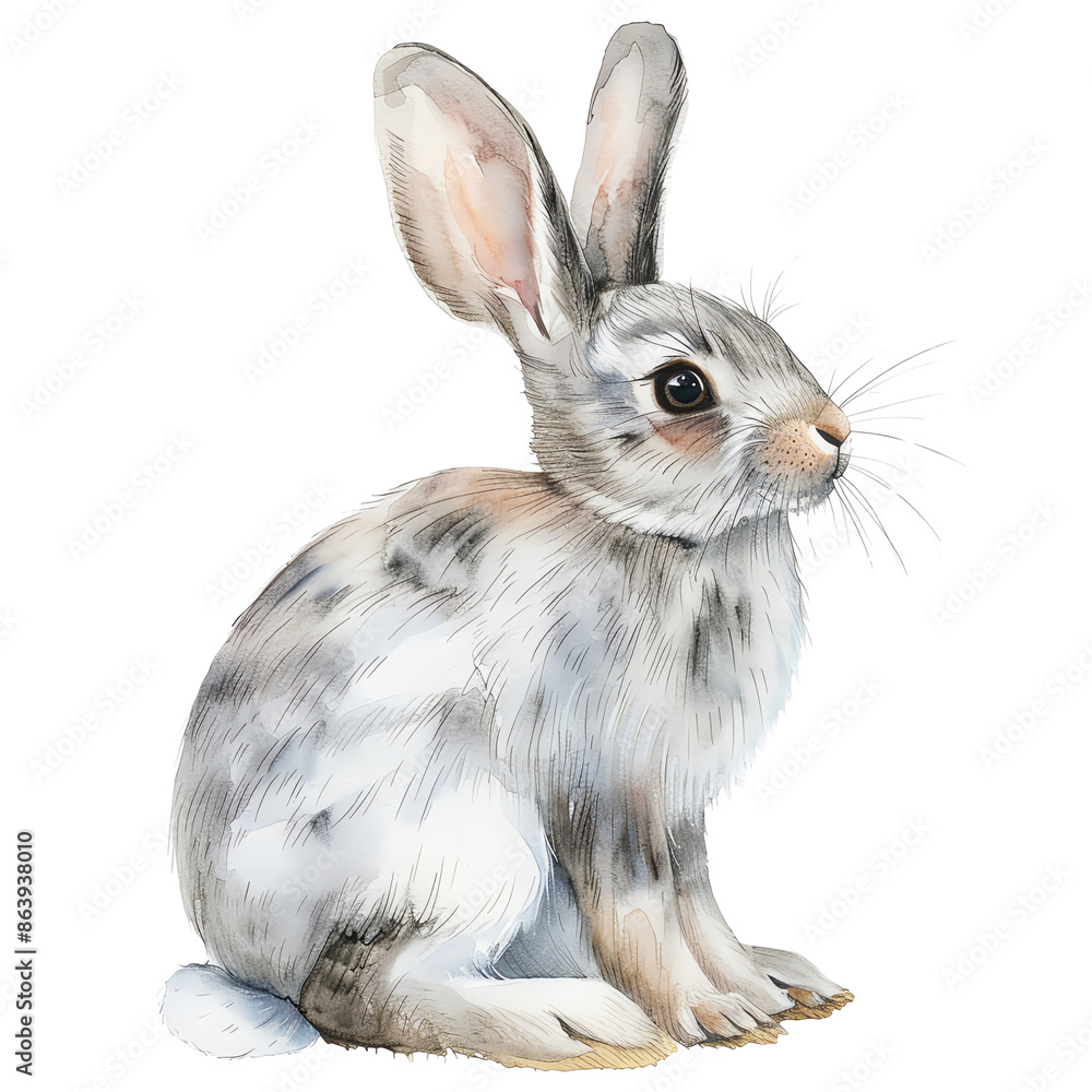 Obraz premium Watercolor illustration of a cute rabbit with detailed fur, capturing the soft and delicate features of the animal in a seated pose.