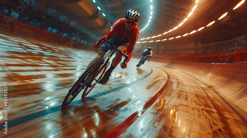 Indoor velodrome cycling race, fast motion photo