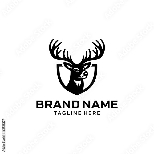 Horned Deer Logo Template Design. Simple Vector of Deer Head and Shield. Suitable for Hunting and Outdoor Activities Logos.