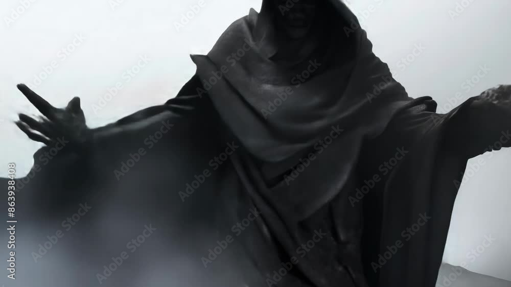 Dark hooded figure in a foggy landscape, exuding an eerie and mysterious aura in a desolate and misty environment Dark hooded figure in a foggy landscape, exuding an eerie and mysterious aura in a desolate and misty environment
