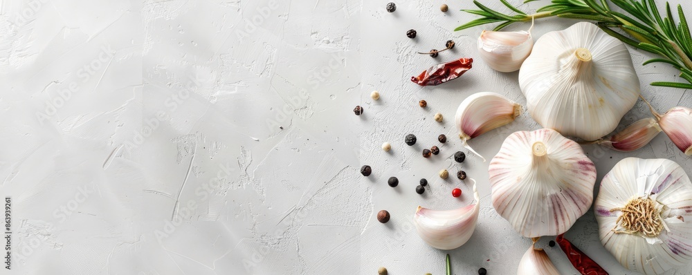 Garlic bulbs with rosemary and peppercorns on a white background. Ideal for culinary themes, food blogs, or organic ingredient promotions. Garlic bulbs with rosemary and peppercorns on a white background. Ideal for culinary themes, food blogs, or organic ingredient promotions.