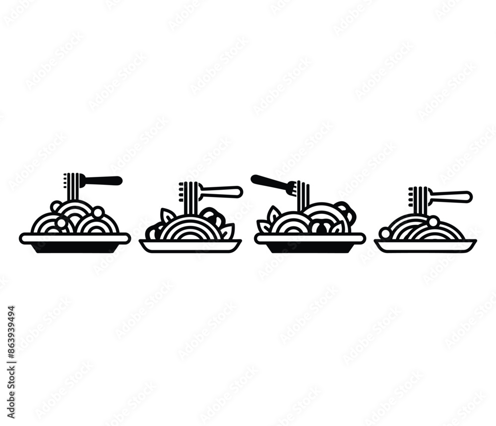 spaghetti pasta food with fork icons vector design illustration simple black white color modern style isolated