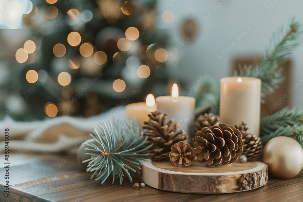 Christmas decoration with candles and fir branches on wooden table in living room Christmas decoration with candles and fir branches on wooden table in living room