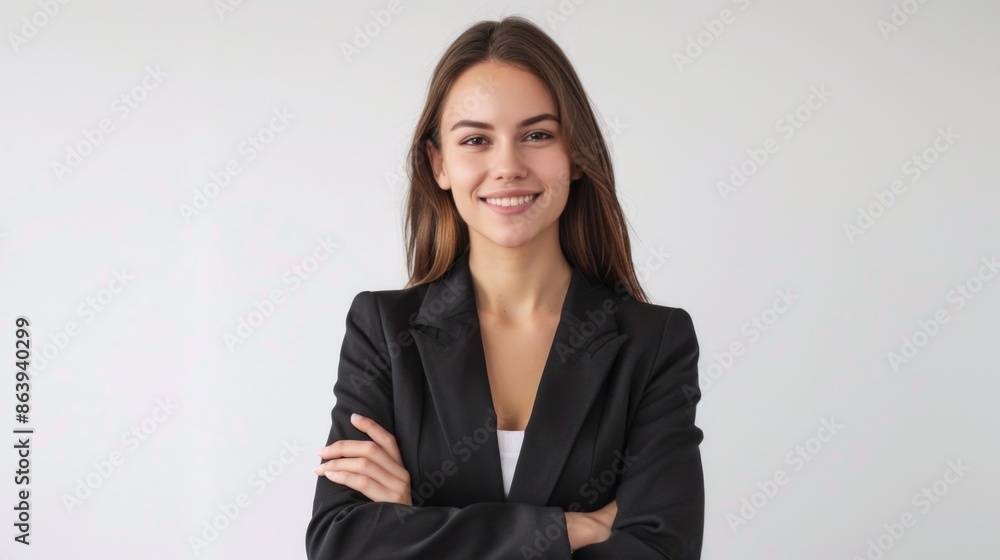 A professional woman stands confidently with her arms crossed, conveying a sense of determination and authority A professional woman stands confidently with her arms crossed, conveying a sense of determination and authority