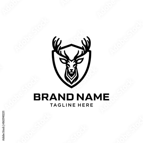 Horned Deer Logo Template Design. Simple Vector of Deer Head and Shield. Suitable for Hunting and Outdoor Activities Logos.