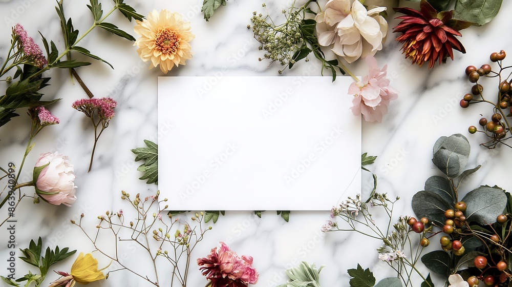 Elegant Floral Wreath with Blank Space on Paper Background, Perfect for Invitations, Cards, and PPT Templates, Featuring Beautiful Flowers and Leaves Design Elegant Floral Wreath with Blank Space on Paper Background, Perfect for Invitations, Cards, and PPT Templates, Featuring Beautiful Flowers and Leaves Design