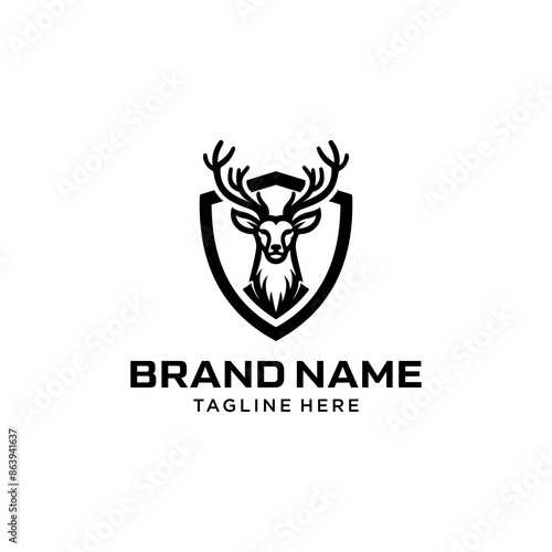 Horned Deer Logo Template Design. Simple Vector of Deer Head and Shield. Suitable for Hunting and Outdoor Activities Logos.