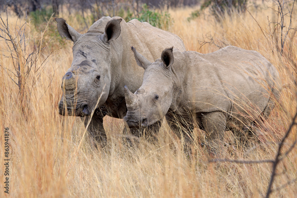 Fototapeta premium Mother rhino with calf