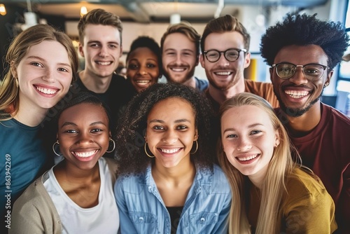 Multicultural happy people taking group selfie portrait in the office, diverse people celebrating together, Happy teamwork and lifestyle concept