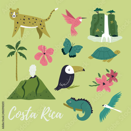 Costa Rica hand drawn illustrated vector poster, decoration with famous natural landmarks, animals