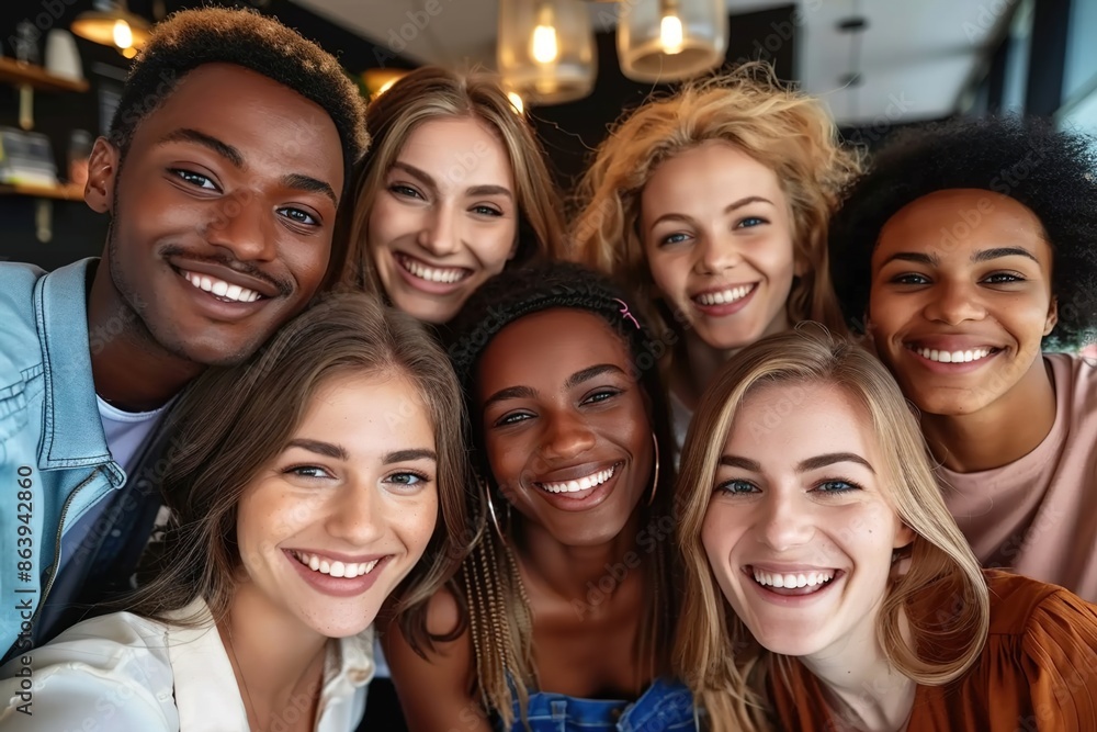 Obraz premium Multicultural happy people taking group selfie portrait in the office, diverse people celebrating together, Happy teamwork and lifestyle concept