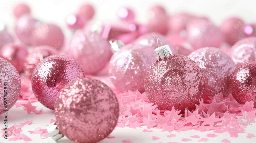 Pink glitter decorations for holiday parties on a white backdrop