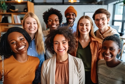 Multicultural happy people taking group selfie portrait in the office, diverse people celebrating together, Happy teamwork and lifestyle concept