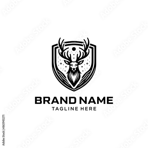 Horned Deer Logo Template Design. Simple Vector of Deer Head and Shield. Suitable for Hunting and Outdoor Activities Logos.
