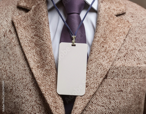 Closeup of blank nametag or keycard hanging in front of business suit