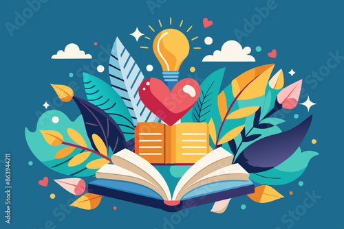 Open book with heart, light bulb, surrounded by leaves. An image of an open book with a heart and a light bulb inside, all surrounded by leaves, conveys a sense of creativity, inspiration, and nature