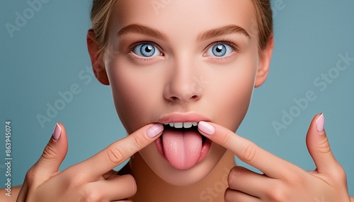 junge Frau zeigt mit  ihre finger auf der Zunge. photo