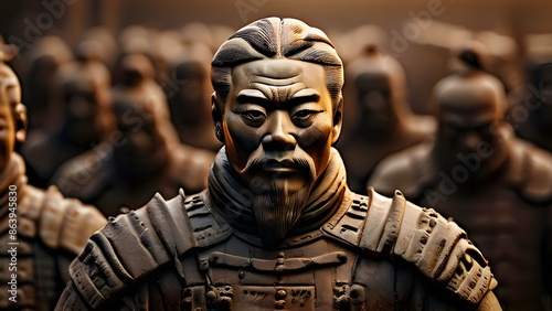 A close-up of a terracotta warrior statue, showcasing intricate details and a stoic expression.