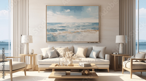 Wallpaper Mural Canapé dans un salon, salle à manger avec une peinture murale en arrière plan. Coussin, fauteuil, table. Intérieur, architecture, mobilier moderne. Pour conception et création graphique. Torontodigital.ca