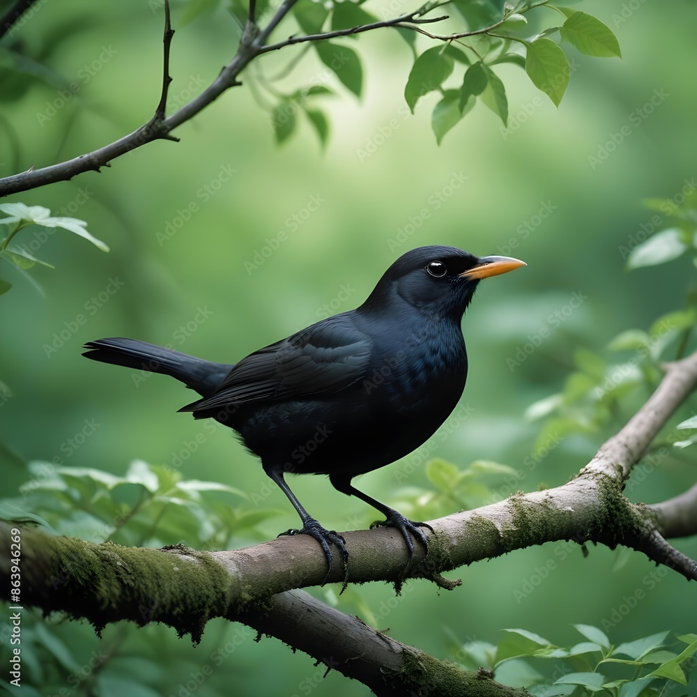 Blackbird on a branch surrounded by trees and greenery background Blackbird on a branch surrounded by trees and greenery background