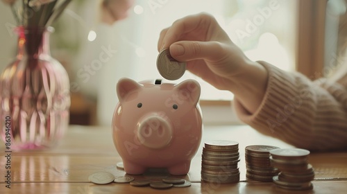 Hand Putting Coin in Piggy Bank - Coins Stack Saving Investment Money Cash Business Pig Success Finance Loan Economy Financial Banking Rich Budget Wealth Security Savings Save Deposit Earning Earn
 photo