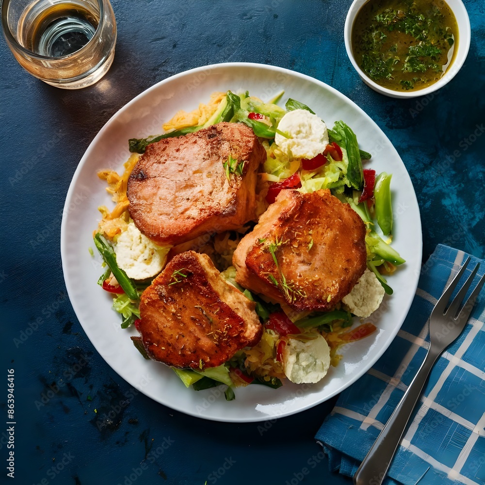 Porkchops meal featuring a juicy, golden porkchop with a crispy exterior, served atop a bed of fresh greens and vibrant vegetables. Porkchops meal featuring a juicy, golden porkchop with a crispy exterior, served atop a bed of fresh greens and vibrant vegetables.
