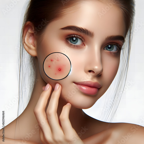 illustration of girl face with acne skin disease  Rosacea Eczema  (Dermatitis) Psoriasis Impetigo
Seborrheic Dermatitis Perioral Dermatitis Hives (Urticaria) photo