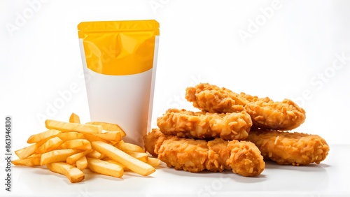 A meal of golden fried chicken strips and french fries with a yellow and white takeout bag on a white background.