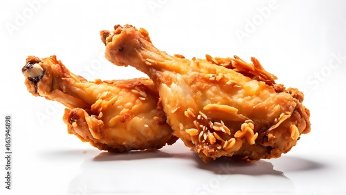 Two golden, crispy fried chicken drumsticks on a white background, showcasing their juicy texture.