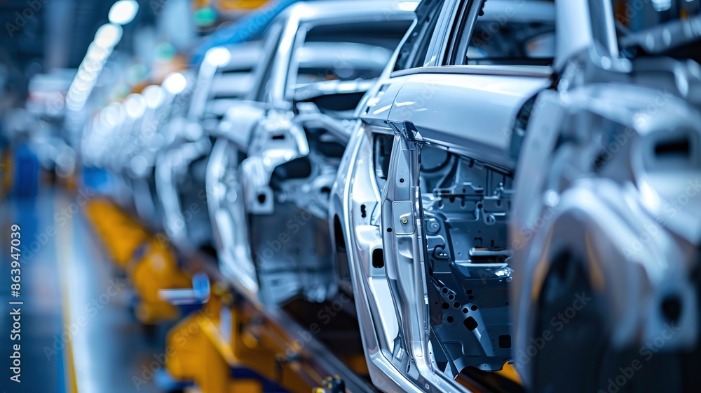 Close-up of an automotive assembly line with multiple car frames being processed. The image showcases the engineering and precision involved in modern car manufacturing. Close-up of an automotive assembly line with multiple car frames being processed. The image showcases the engineering and precision involved in modern car manufacturing.