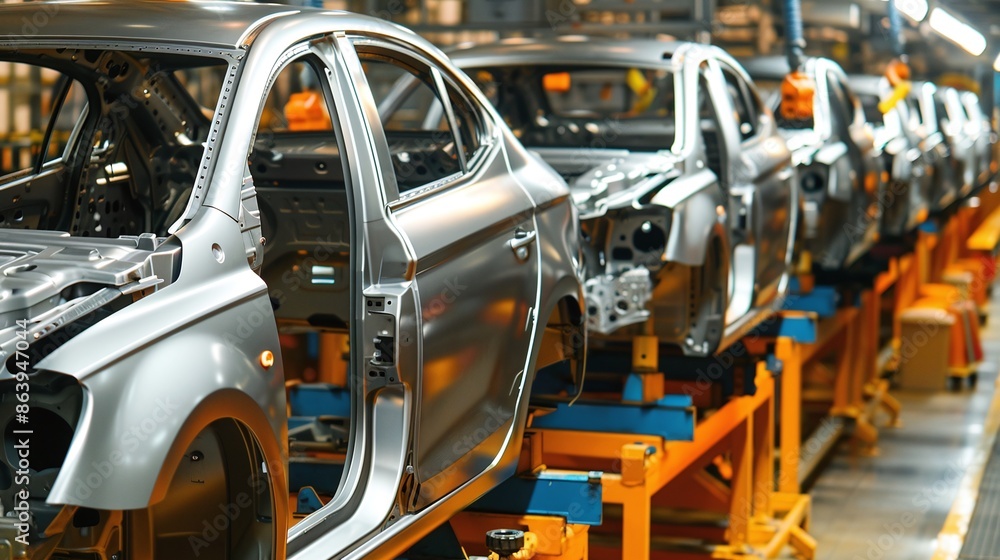 Close-up of an automotive assembly line with multiple car frames being processed. The image showcases the engineering and precision involved in modern car manufacturing. Close-up of an automotive assembly line with multiple car frames being processed. The image showcases the engineering and precision involved in modern car manufacturing.