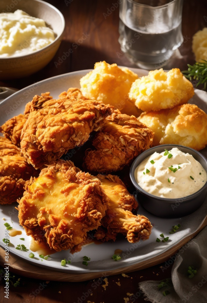delicious crispy fried chicken meal golden brown coating juicy meat, tasty, savory, crunchy, succulent, skin, flavorful, texture, tender, mouthwatering, dinner, delicious crispy fried chicken meal golden brown coating juicy meat, tasty, savory, crunchy, succulent, skin, flavorful, texture, tender, mouthwatering, dinner,